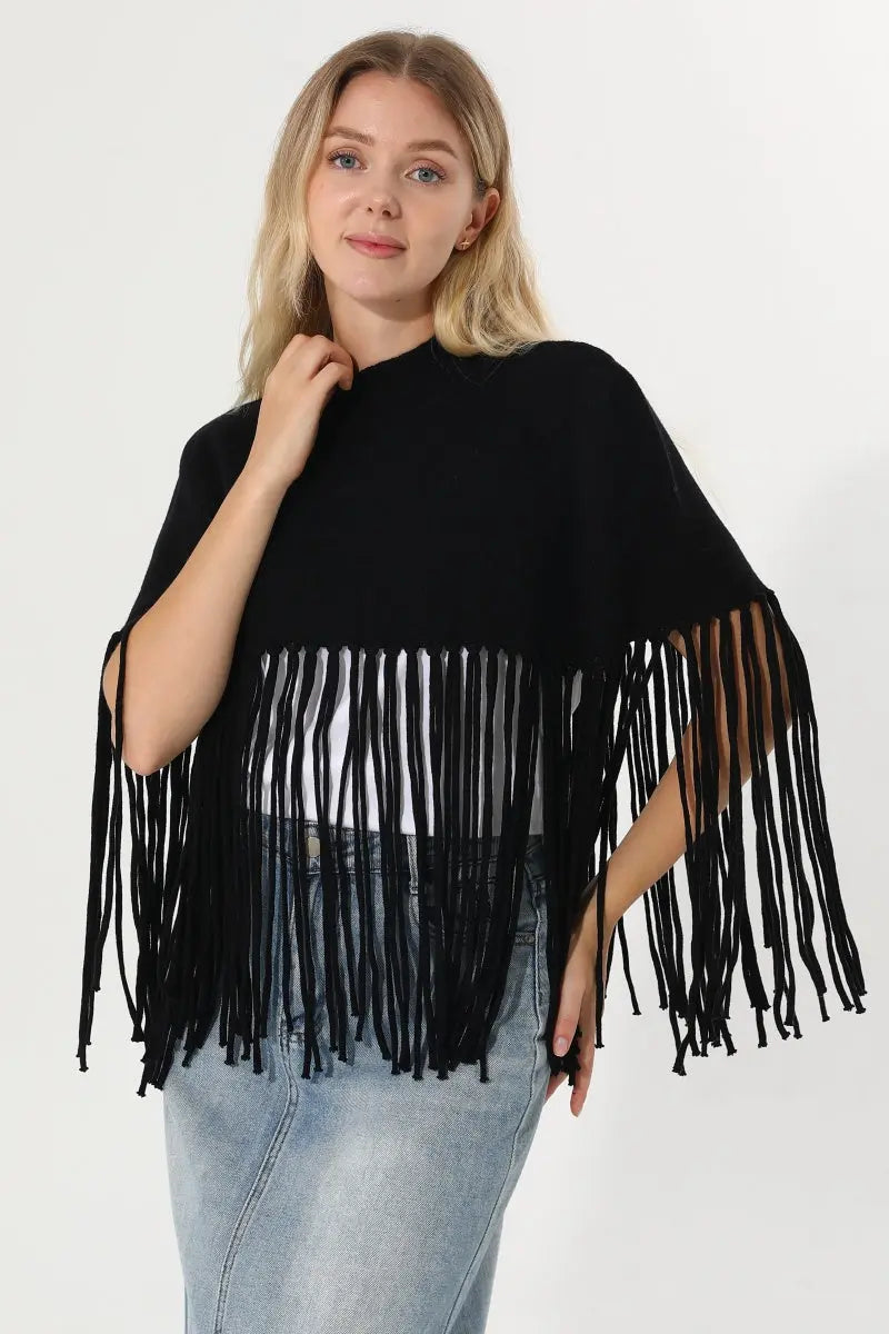 Women Solid Mock Neck Fringe Knit Poncho Cape Shawl 🧶🍂 - NeoKira Unlimited
