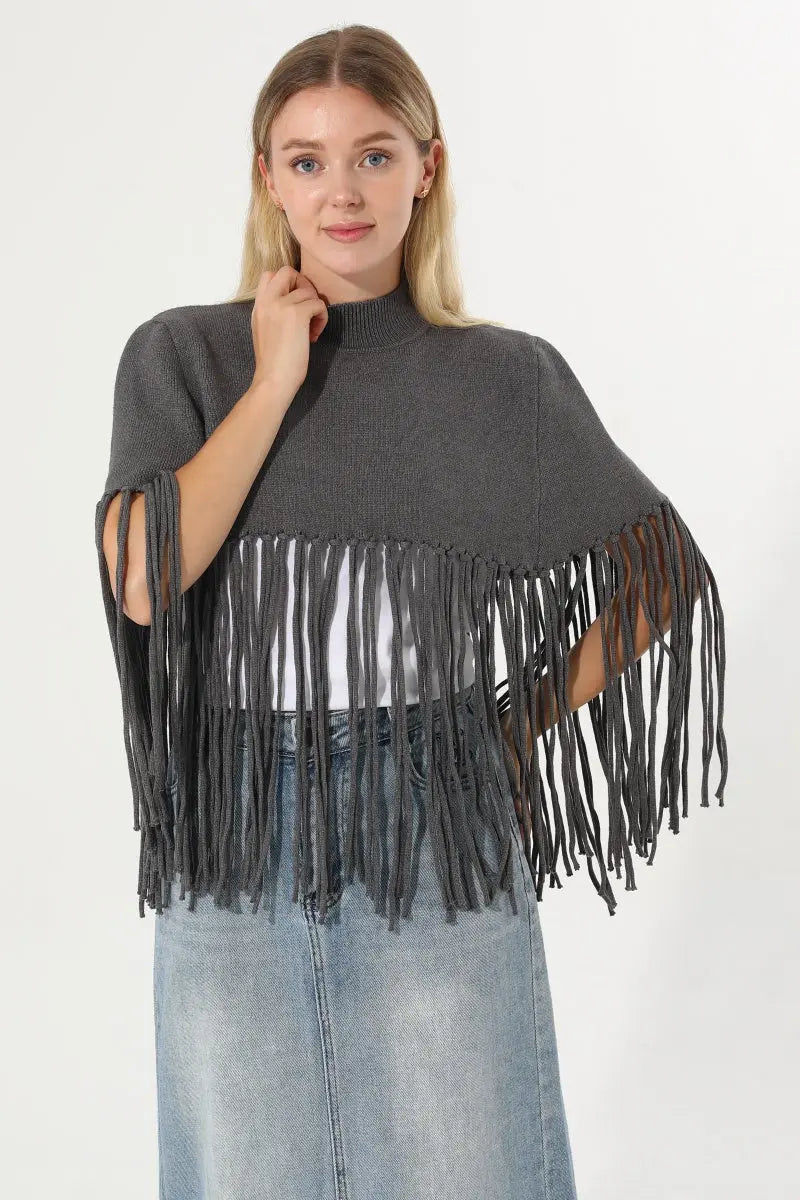 Women Solid Mock Neck Fringe Knit Poncho Cape Shawl 🧶🍂 - NeoKira Unlimited