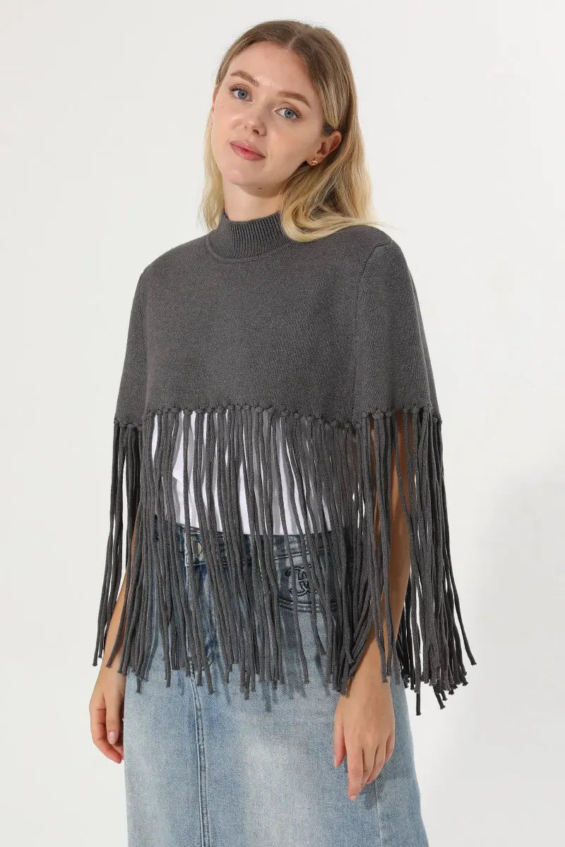 Women Solid Mock Neck Fringe Knit Poncho Cape Shawl 🧶🍂 - NeoKira Unlimited