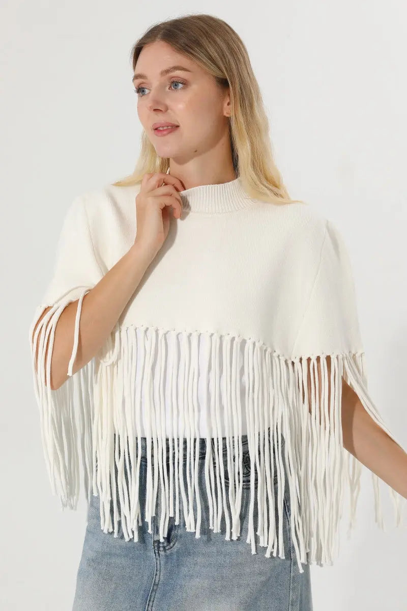 Women Solid Mock Neck Fringe Knit Poncho Cape Shawl 🧶🍂 - NeoKira Unlimited