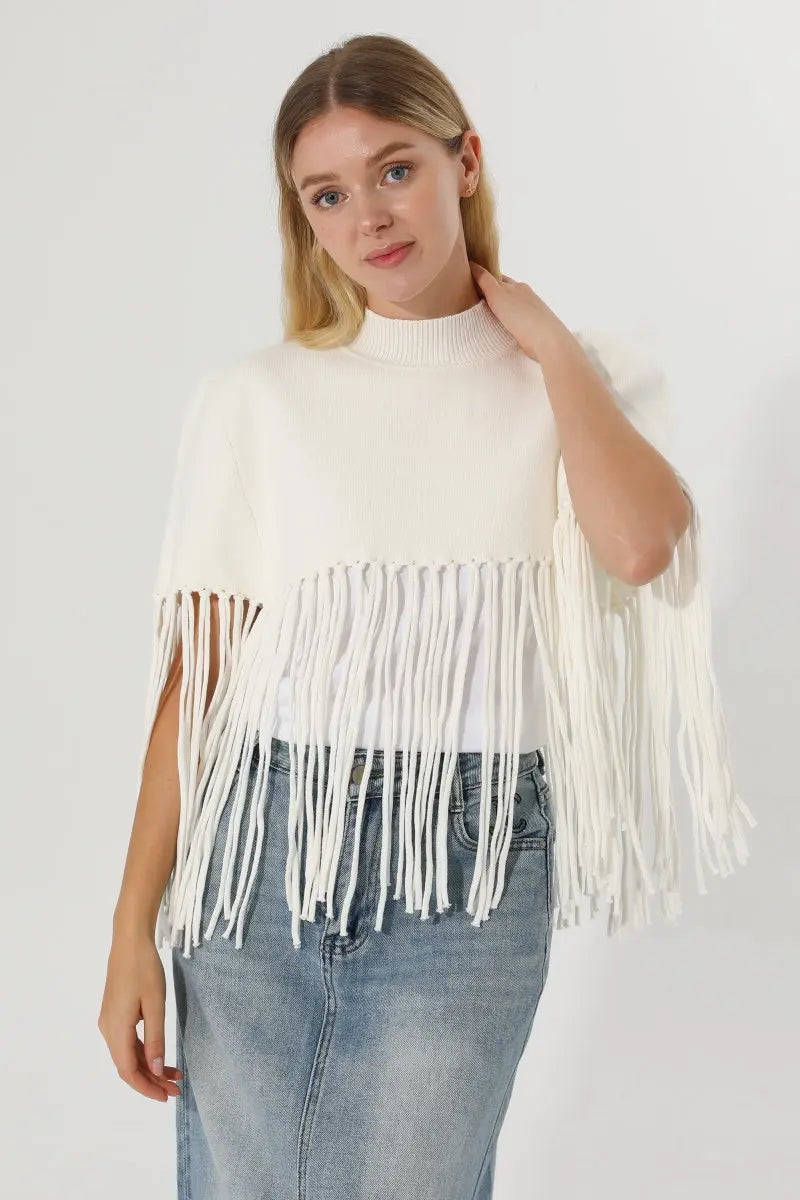 Women Solid Mock Neck Fringe Knit Poncho Cape Shawl 🧶🍂 - NeoKira Unlimited