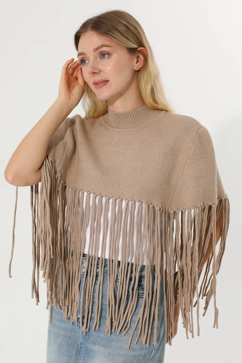 Women Solid Mock Neck Fringe Knit Poncho Cape Shawl 🧶🍂 - NeoKira Unlimited