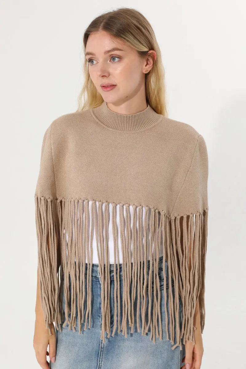 Women Solid Mock Neck Fringe Knit Poncho Cape Shawl 🧶🍂 - NeoKira Unlimited