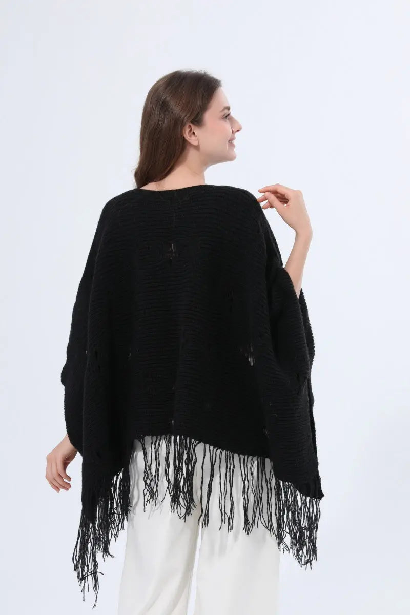 Hollow Knit Fringe Detail Poncho Women Shawl - NeoKira Unlimited