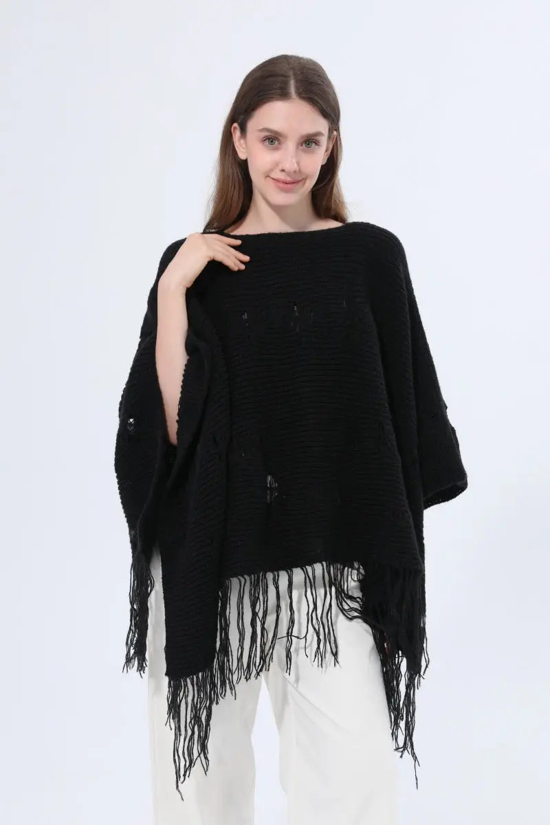 Hollow Knit Fringe Detail Poncho Women Shawl - NeoKira Unlimited