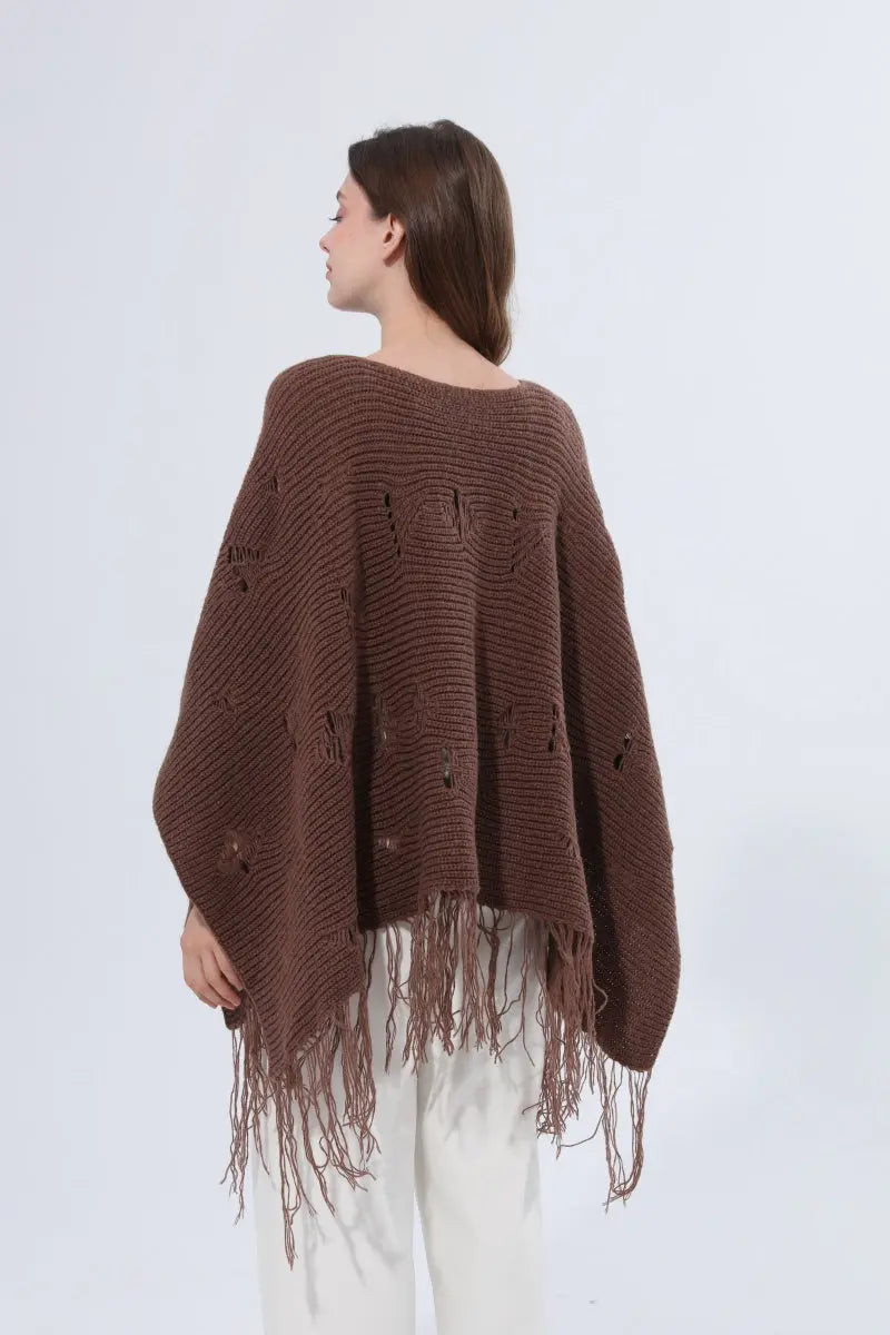 Hollow Knit Fringe Detail Poncho Women Shawl - NeoKira Unlimited