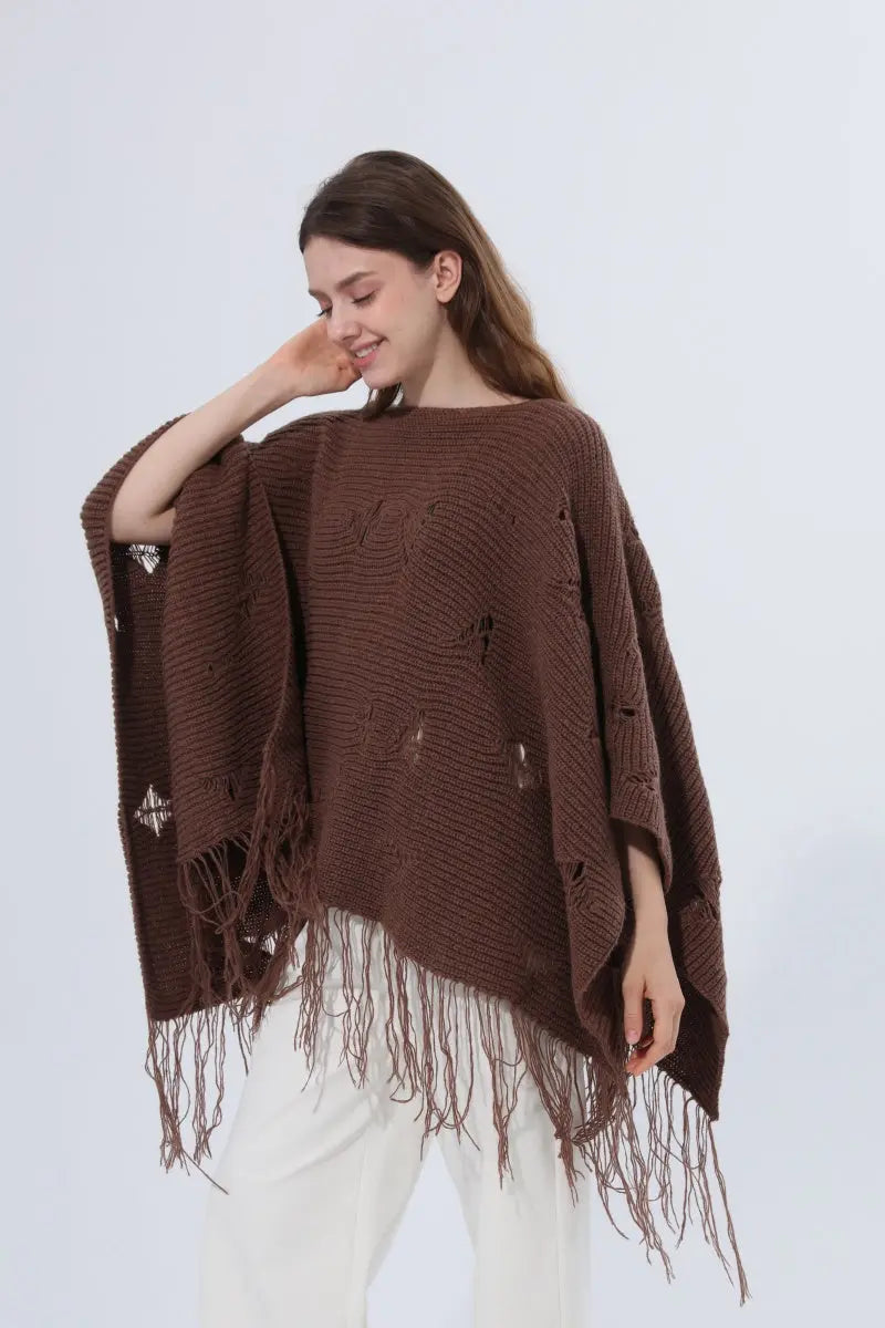 Hollow Knit Fringe Detail Poncho Women Shawl - NeoKira Unlimited