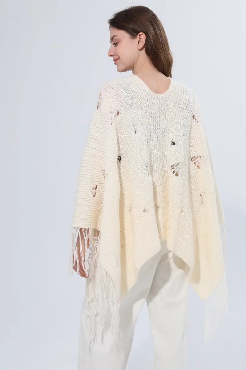 Hollow Knit Fringe Detail Poncho Women Shawl - NeoKira Unlimited