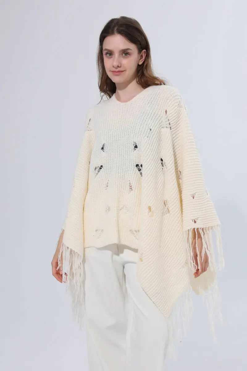 Hollow Knit Fringe Detail Poncho Women Shawl - NeoKira Unlimited