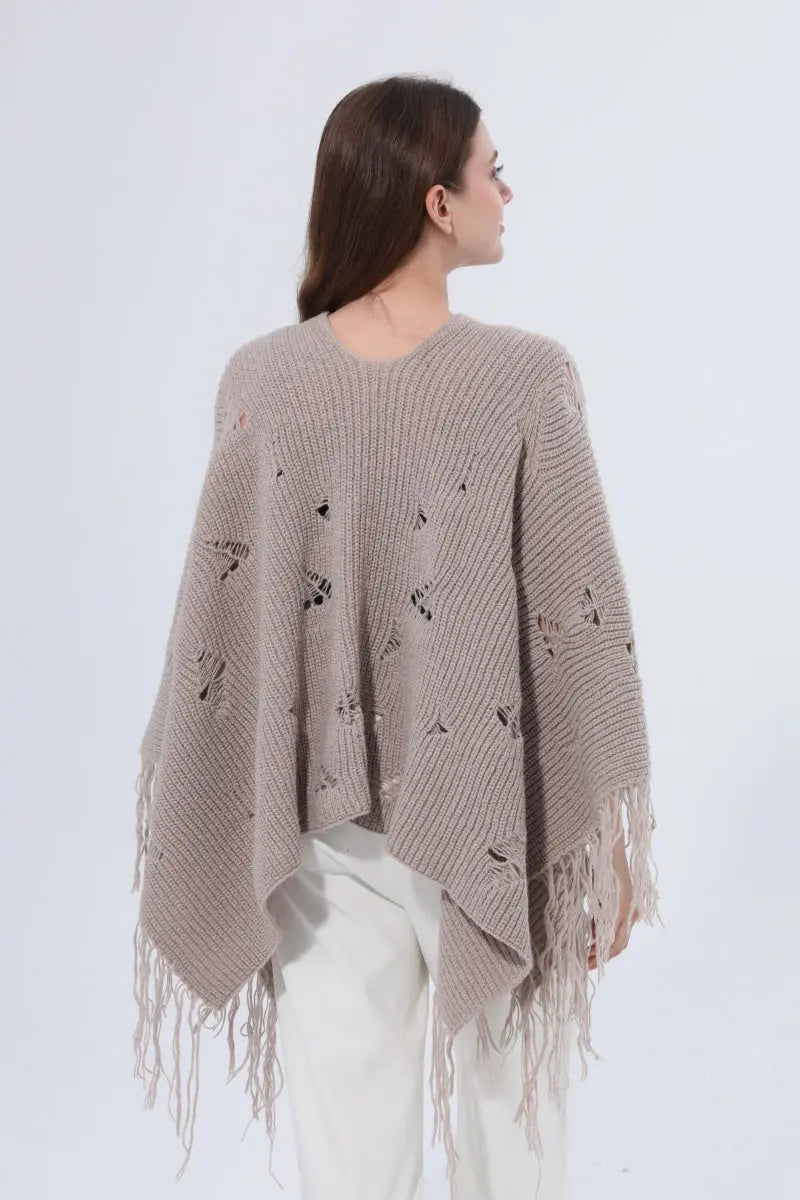 Hollow Knit Fringe Detail Poncho Women Shawl - NeoKira Unlimited