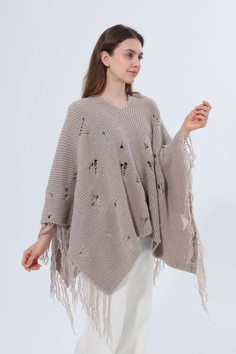 Hollow Knit Fringe Detail Poncho Women Shawl - NeoKira Unlimited
