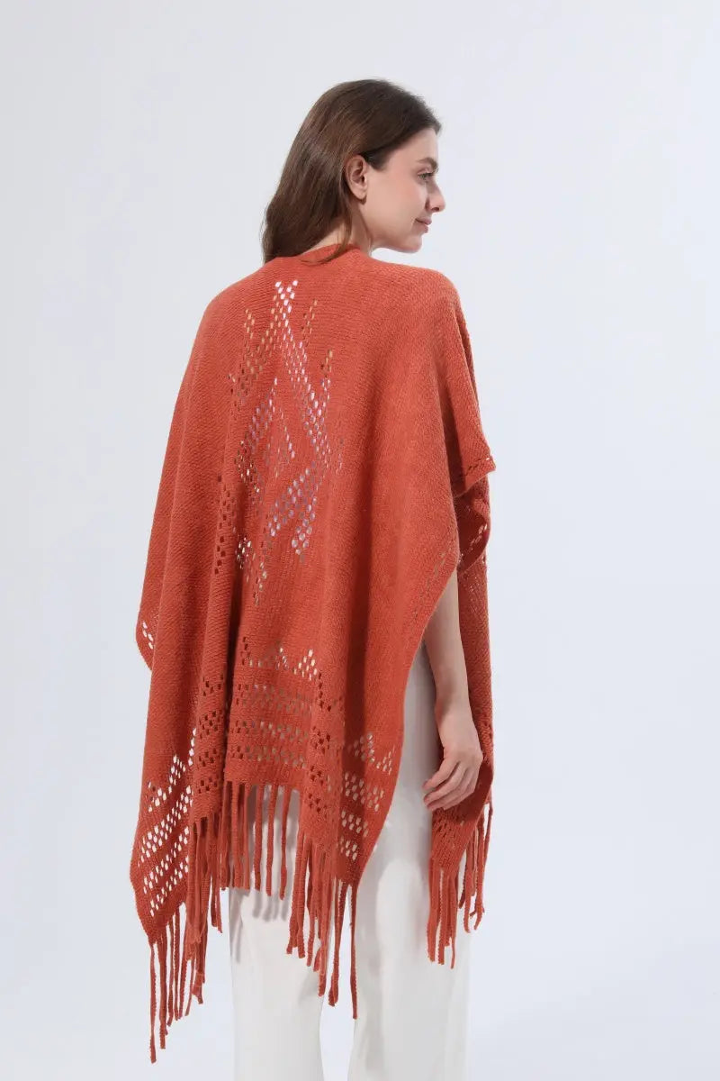 Women Hollow Knit Tassel Poncho Open Front Fringe Knitted Shawl Wrap 🧶✨ - NeoKira Unlimited