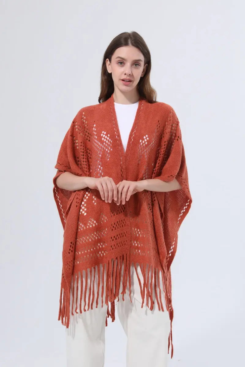 Women Hollow Knit Tassel Poncho Open Front Fringe Knitted Shawl Wrap 🧶✨ - NeoKira Unlimited