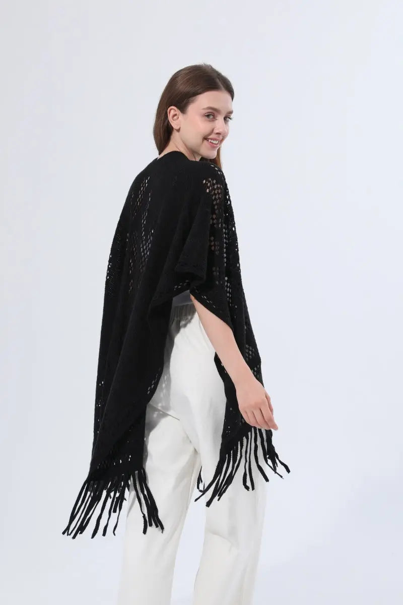 Women Hollow Knit Tassel Poncho Open Front Fringe Knitted Shawl Wrap 🧶✨ - NeoKira Unlimited