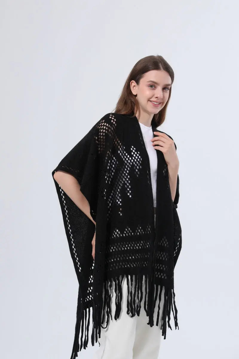 Women Hollow Knit Tassel Poncho Open Front Fringe Knitted Shawl Wrap 🧶✨ - NeoKira Unlimited