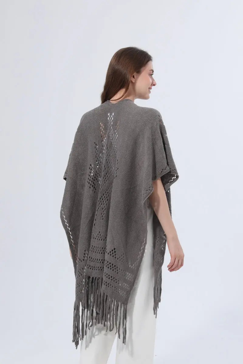 Women Hollow Knit Tassel Poncho Open Front Fringe Knitted Shawl Wrap 🧶✨ - NeoKira Unlimited
