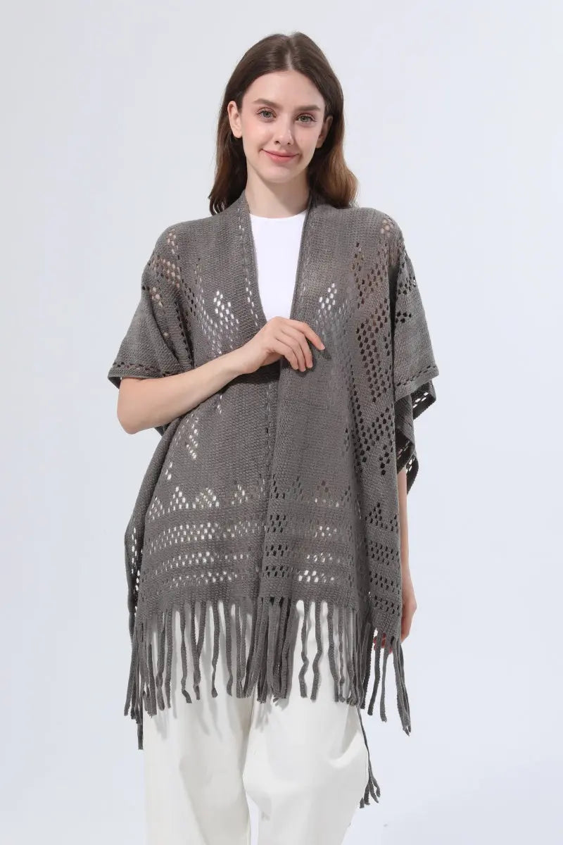 Women Hollow Knit Tassel Poncho Open Front Fringe Knitted Shawl Wrap 🧶✨ - NeoKira Unlimited