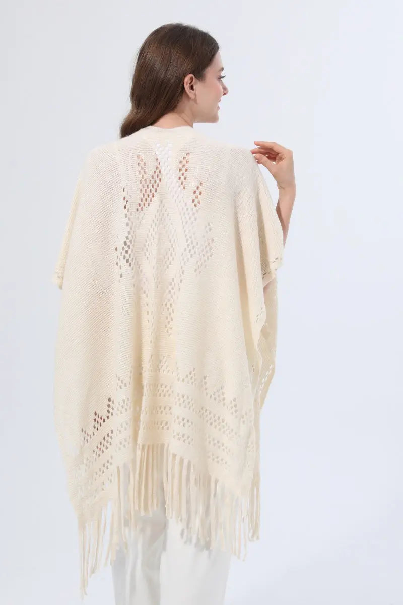 Women Hollow Knit Tassel Poncho Open Front Fringe Knitted Shawl Wrap 🧶✨ - NeoKira Unlimited