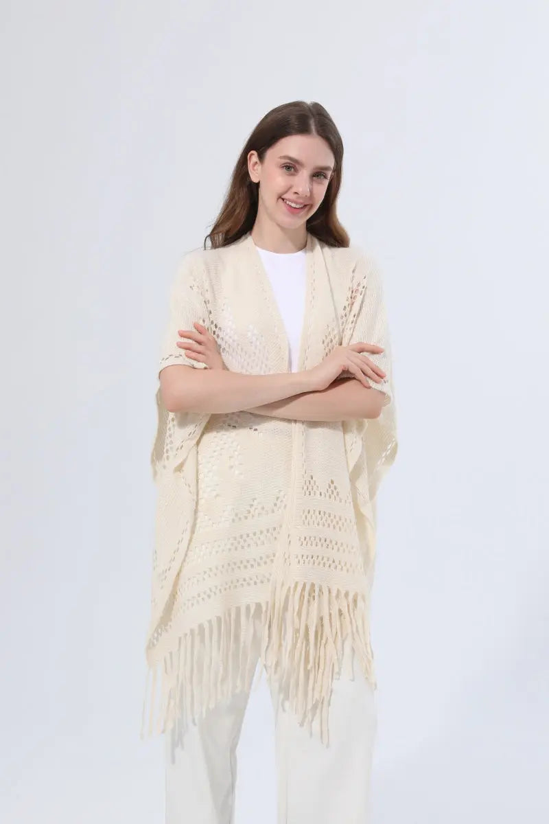 Women Hollow Knit Tassel Poncho Open Front Fringe Knitted Shawl Wrap 🧶✨ - NeoKira Unlimited