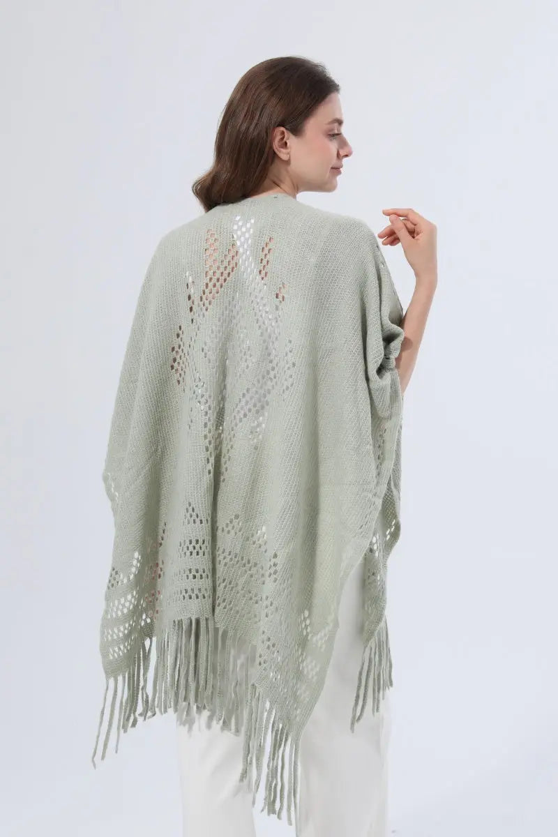 Women Hollow Knit Tassel Poncho Open Front Fringe Knitted Shawl Wrap 🧶✨ - NeoKira Unlimited