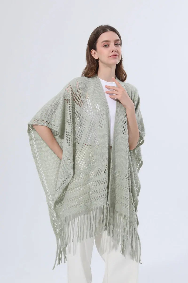 Women Hollow Knit Tassel Poncho Open Front Fringe Knitted Shawl Wrap 🧶✨ - NeoKira Unlimited