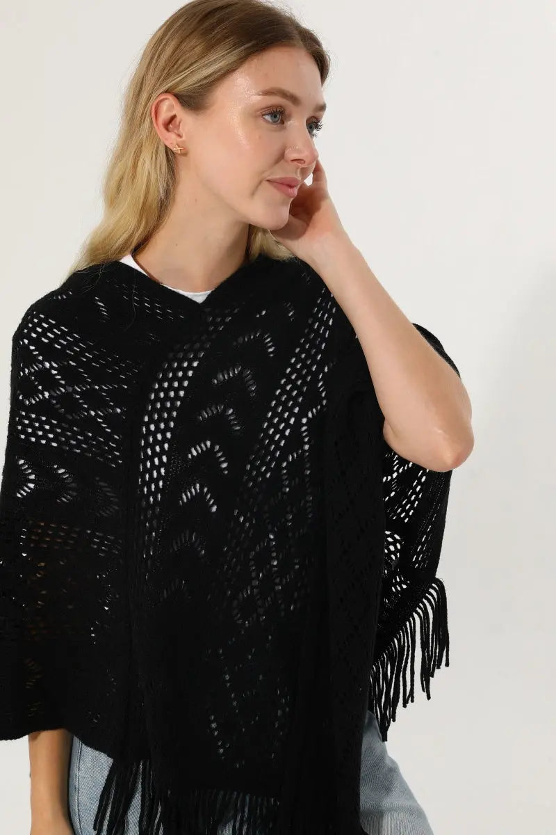 Hollow Knit Tassel Triangle Poncho Lightweight Shawl Wrap 🧶✨ - NeoKira Unlimited