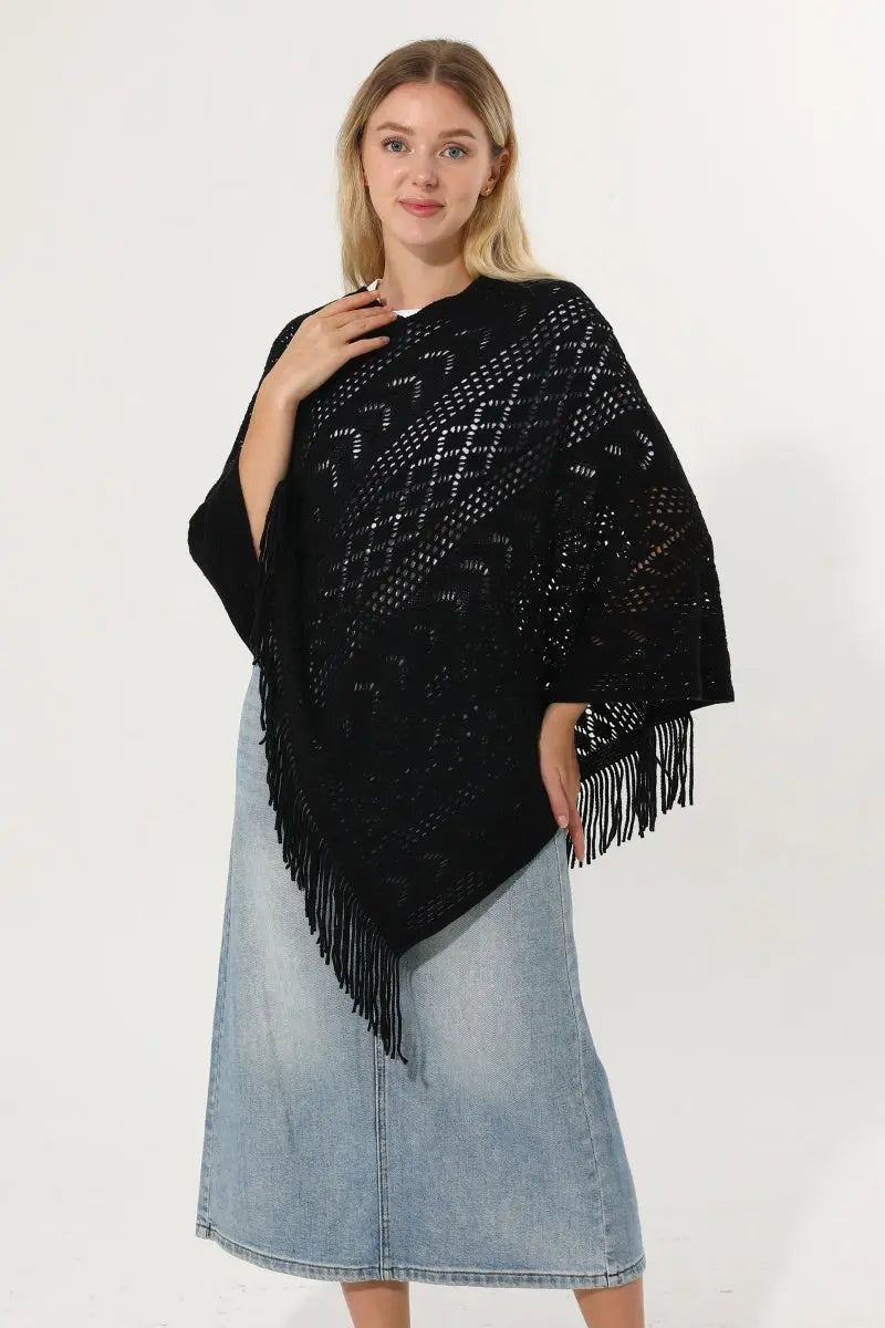 Hollow Knit Tassel Triangle Poncho Lightweight Shawl Wrap 🧶✨ - NeoKira Unlimited
