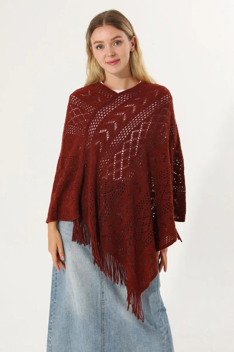 Hollow Knit Tassel Triangle Poncho Lightweight Shawl Wrap 🧶✨ - NeoKira Unlimited