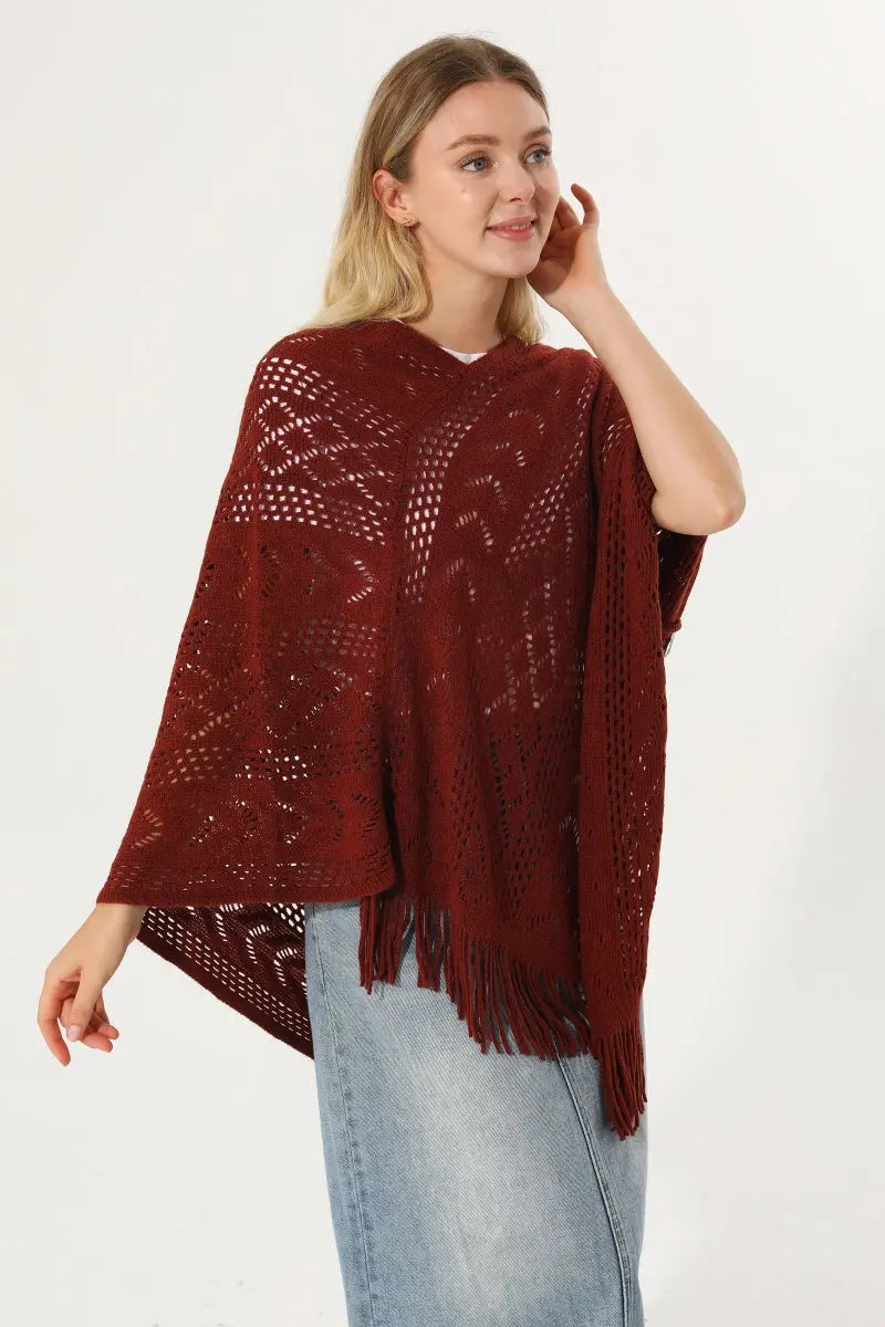 Hollow Knit Tassel Triangle Poncho Lightweight Shawl Wrap 🧶✨ - NeoKira Unlimited
