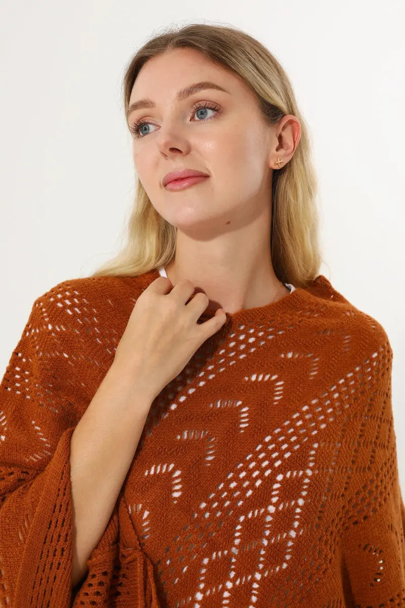 Hollow Knit Tassel Triangle Poncho Lightweight Shawl Wrap 🧶✨ - NeoKira Unlimited