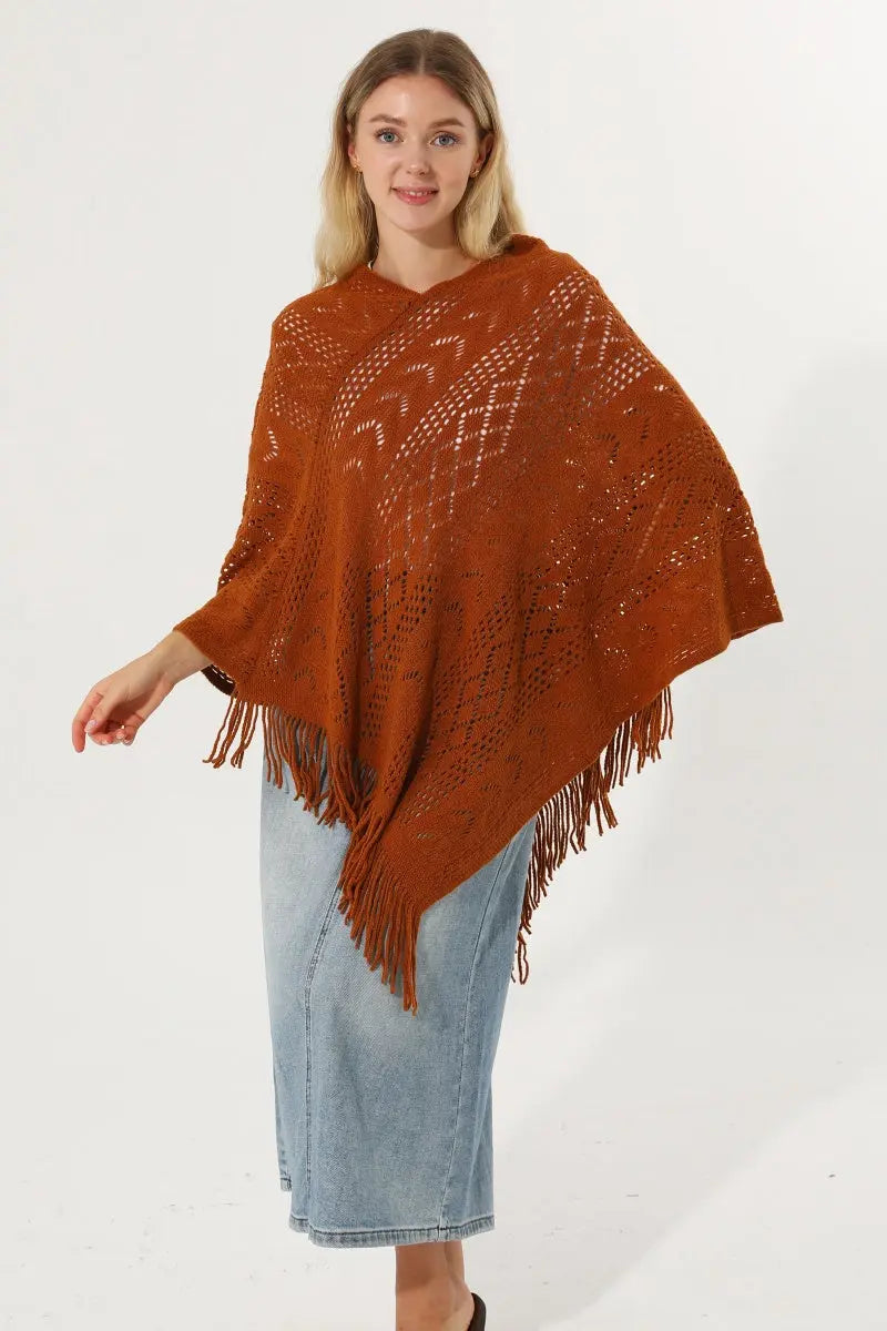 Hollow Knit Tassel Triangle Poncho Lightweight Shawl Wrap 🧶✨ - NeoKira Unlimited