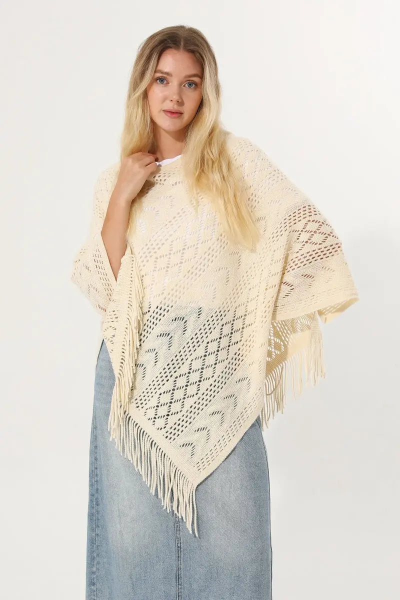 Hollow Knit Tassel Triangle Poncho Lightweight Shawl Wrap 🧶✨ - NeoKira Unlimited