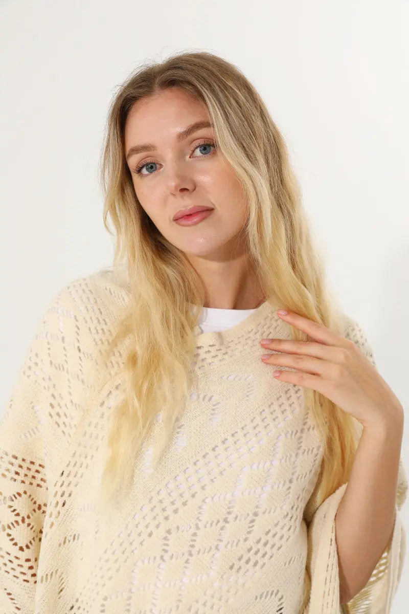 Hollow Knit Tassel Triangle Poncho Lightweight Shawl Wrap 🧶✨ - NeoKira Unlimited