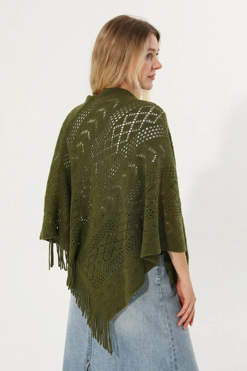 Hollow Knit Tassel Triangle Poncho Lightweight Shawl Wrap 🧶✨ - NeoKira Unlimited