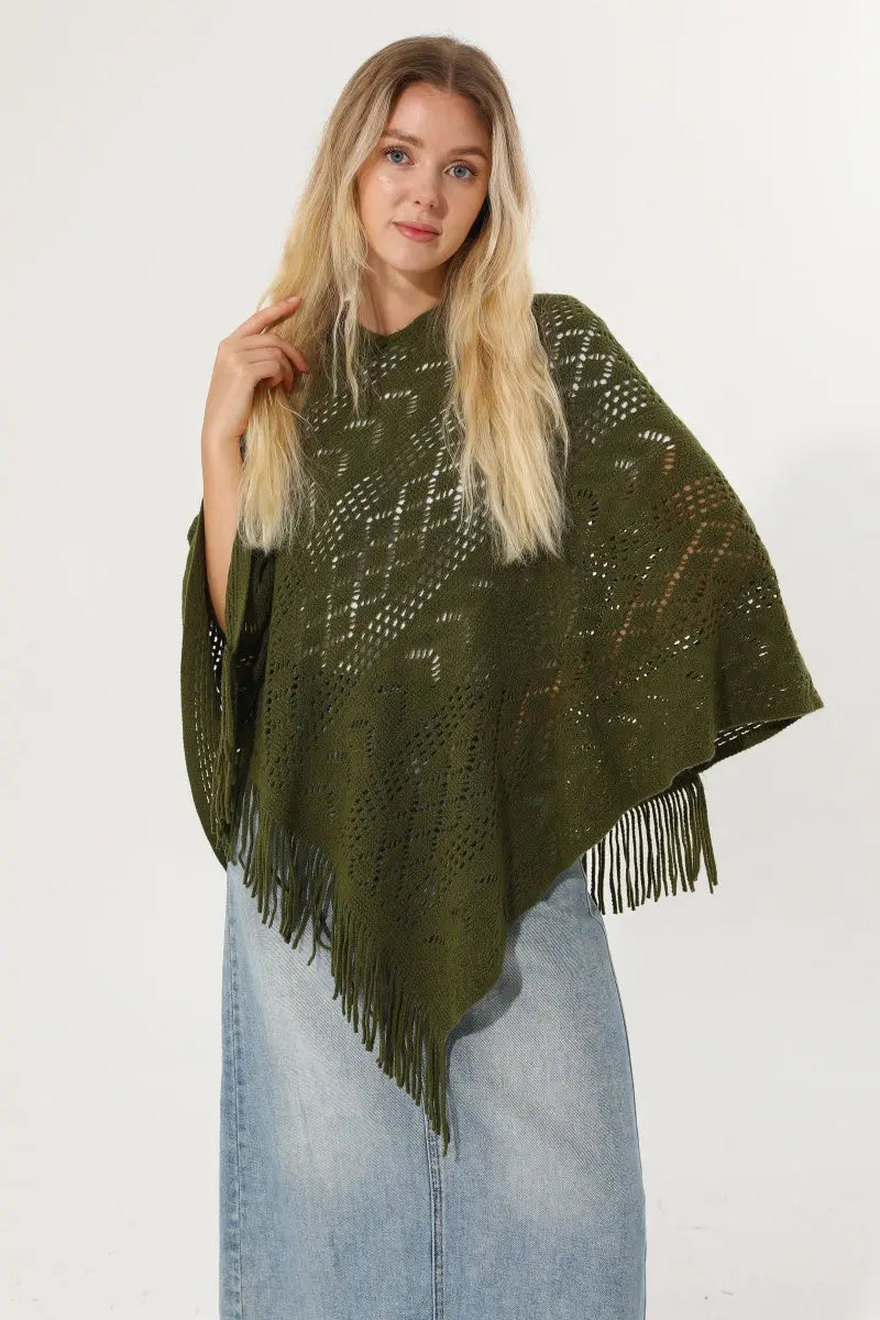 Hollow Knit Tassel Triangle Poncho Lightweight Shawl Wrap 🧶✨ - NeoKira Unlimited