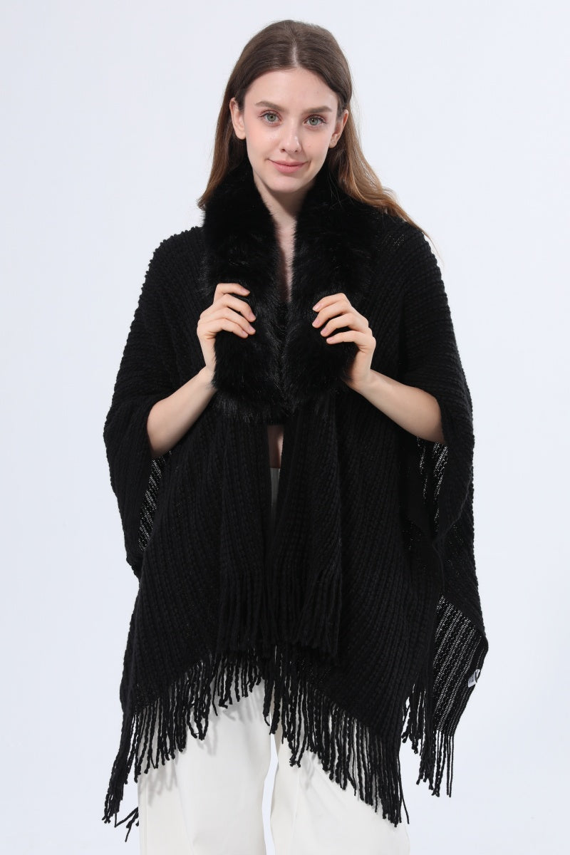 Women Faux Fur Collar Fringed Knit Poncho Shawl - NeoKira Unlimited