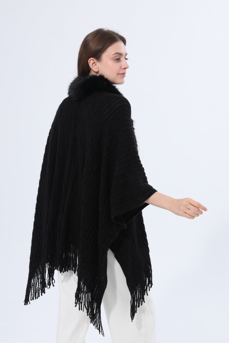 Women Faux Fur Collar Fringed Knit Poncho Shawl - NeoKira Unlimited