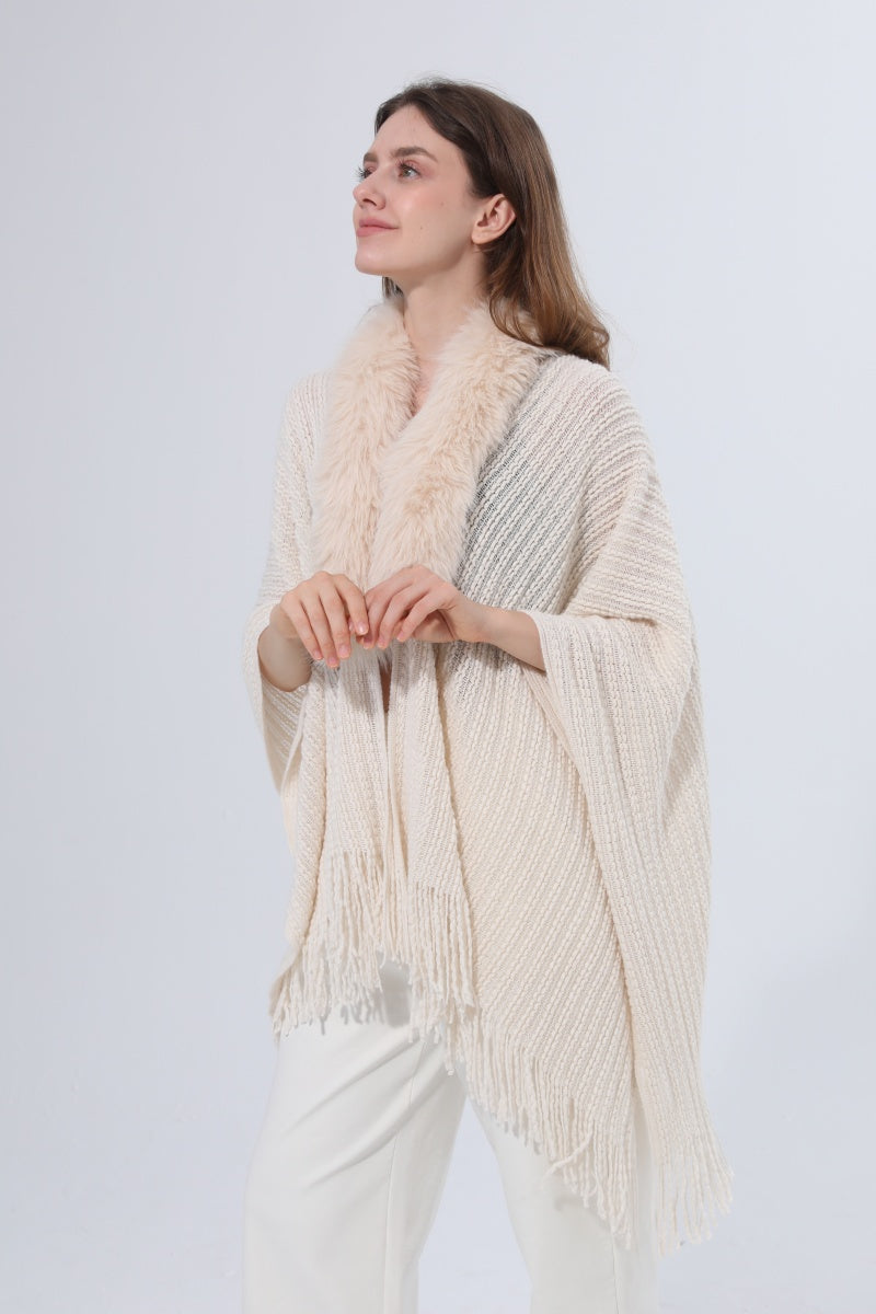 Women Faux Fur Collar Fringed Knit Poncho Shawl - NeoKira Unlimited