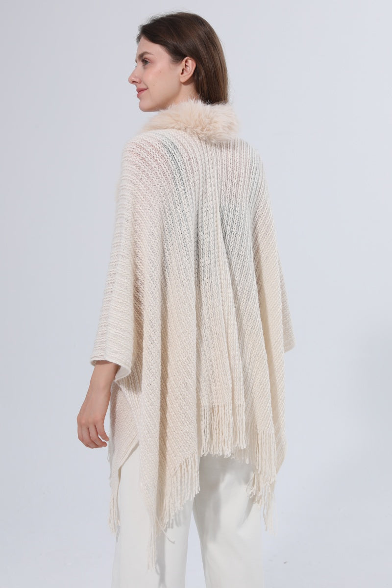 Women Faux Fur Collar Fringed Knit Poncho Shawl - NeoKira Unlimited