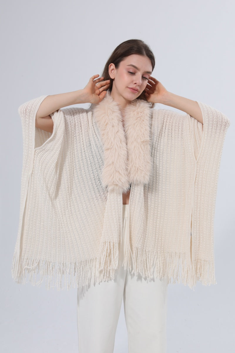 Women Faux Fur Collar Fringed Knit Poncho Shawl - NeoKira Unlimited