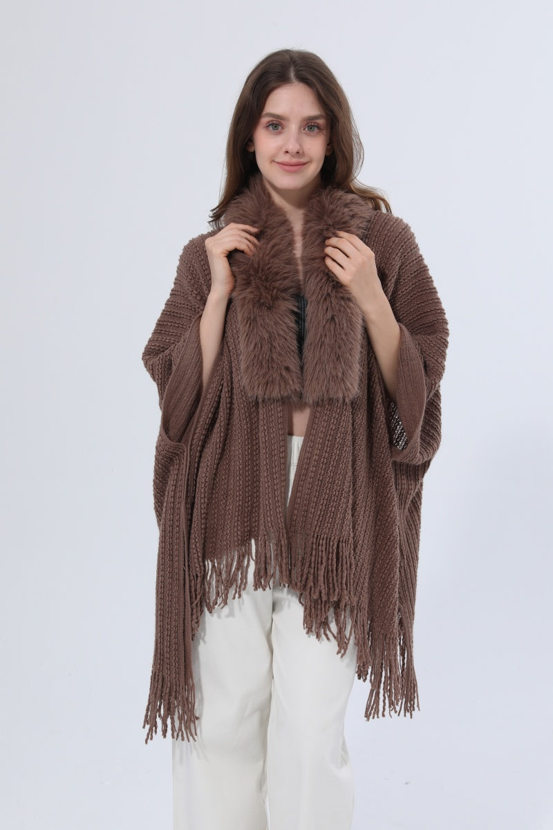 Women Faux Fur Collar Fringed Knit Poncho Shawl - NeoKira Unlimited