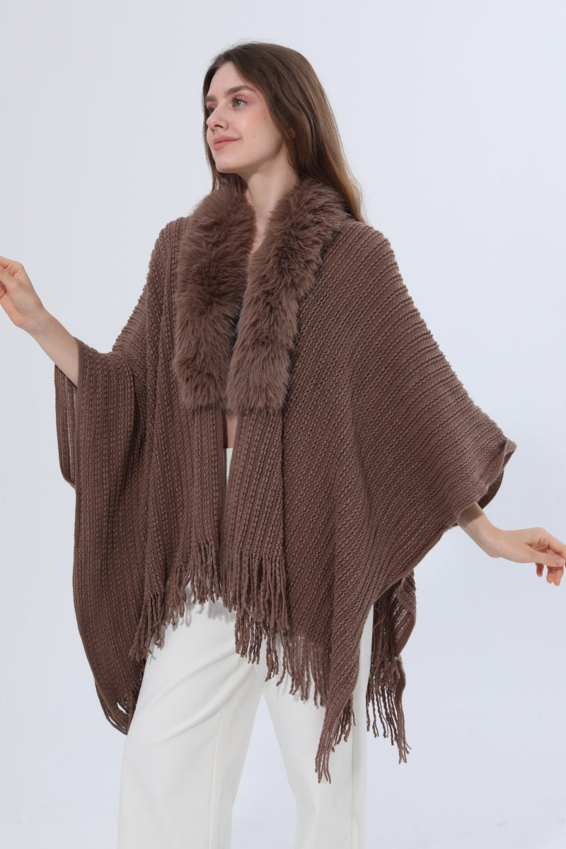 Women Faux Fur Collar Fringed Knit Poncho Shawl - NeoKira Unlimited