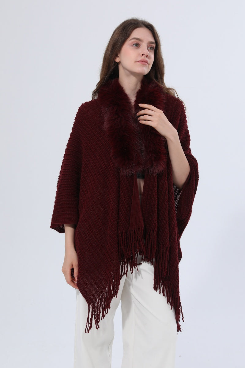 Women Faux Fur Collar Fringed Knit Poncho Shawl - NeoKira Unlimited
