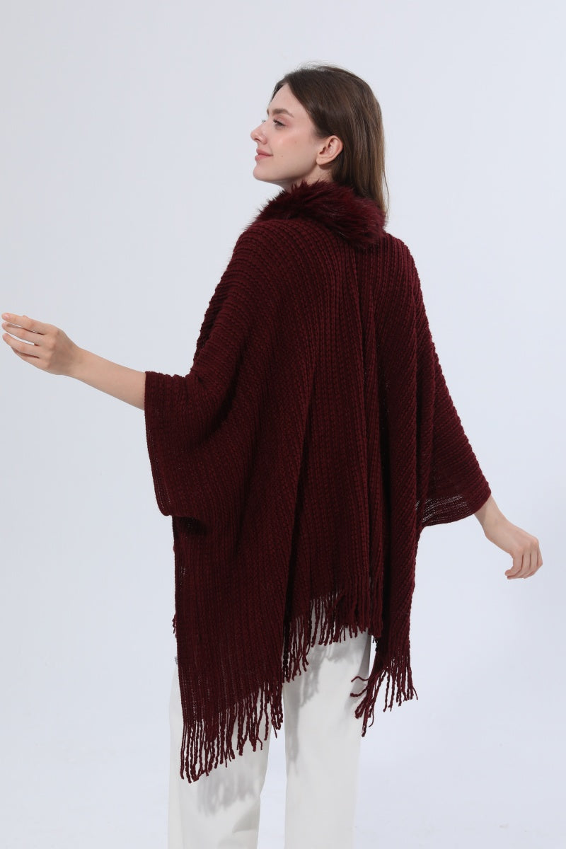 Women Faux Fur Collar Fringed Knit Poncho Shawl - NeoKira Unlimited