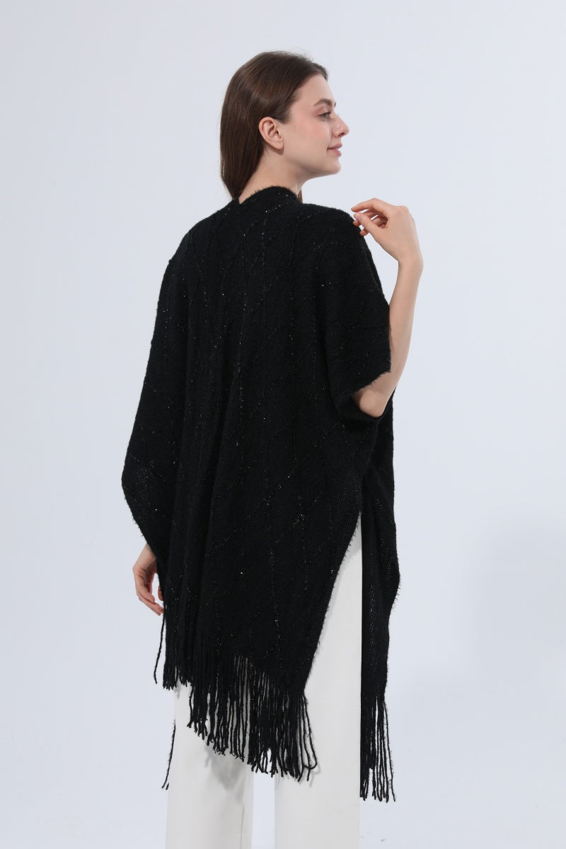 Knitted Tassel Open Front Poncho Shawl Wrap - NeoKira Unlimited