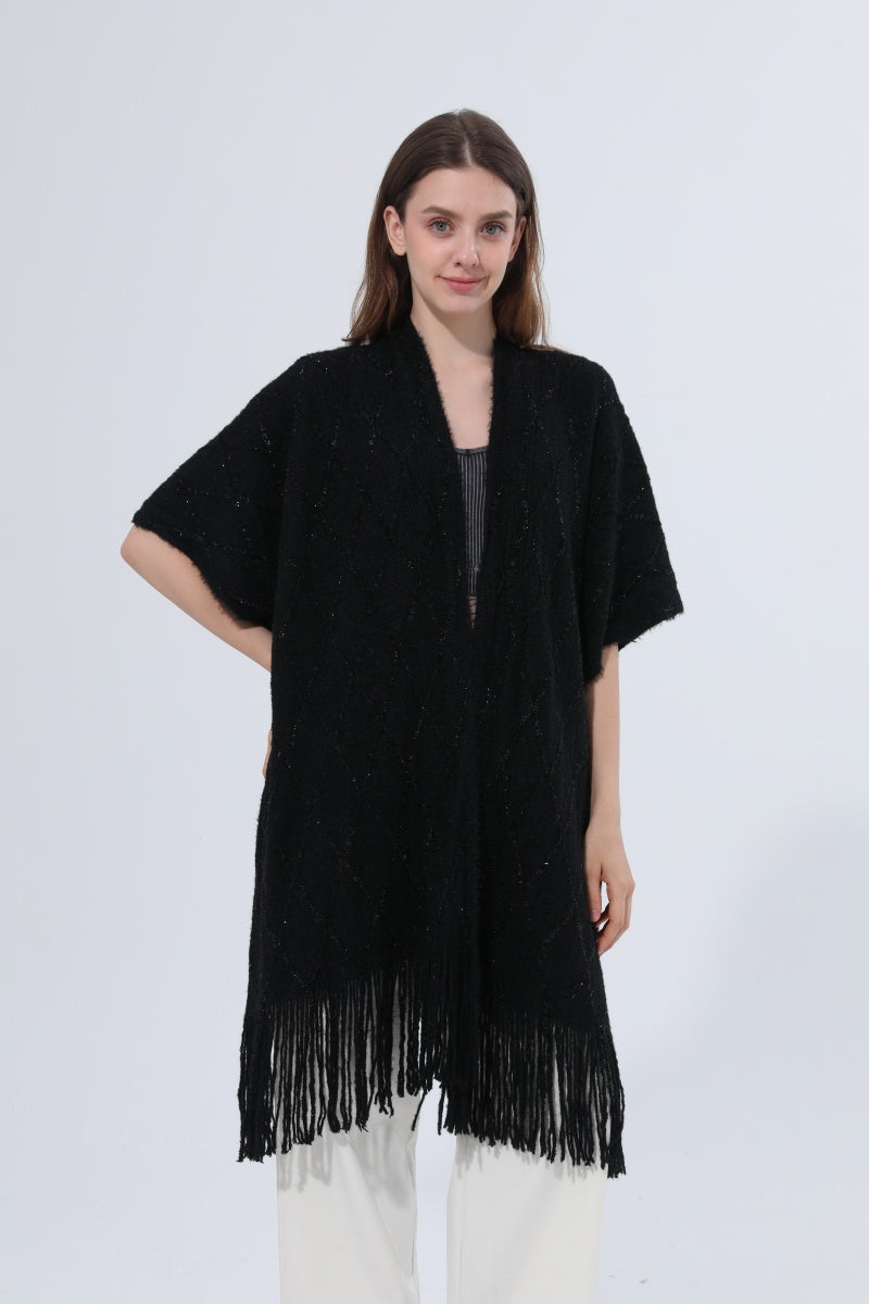 Knitted Tassel Open Front Poncho Shawl Wrap - NeoKira Unlimited