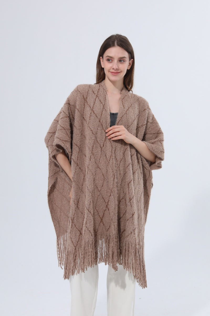 Knitted Tassel Open Front Poncho Shawl Wrap - NeoKira Unlimited