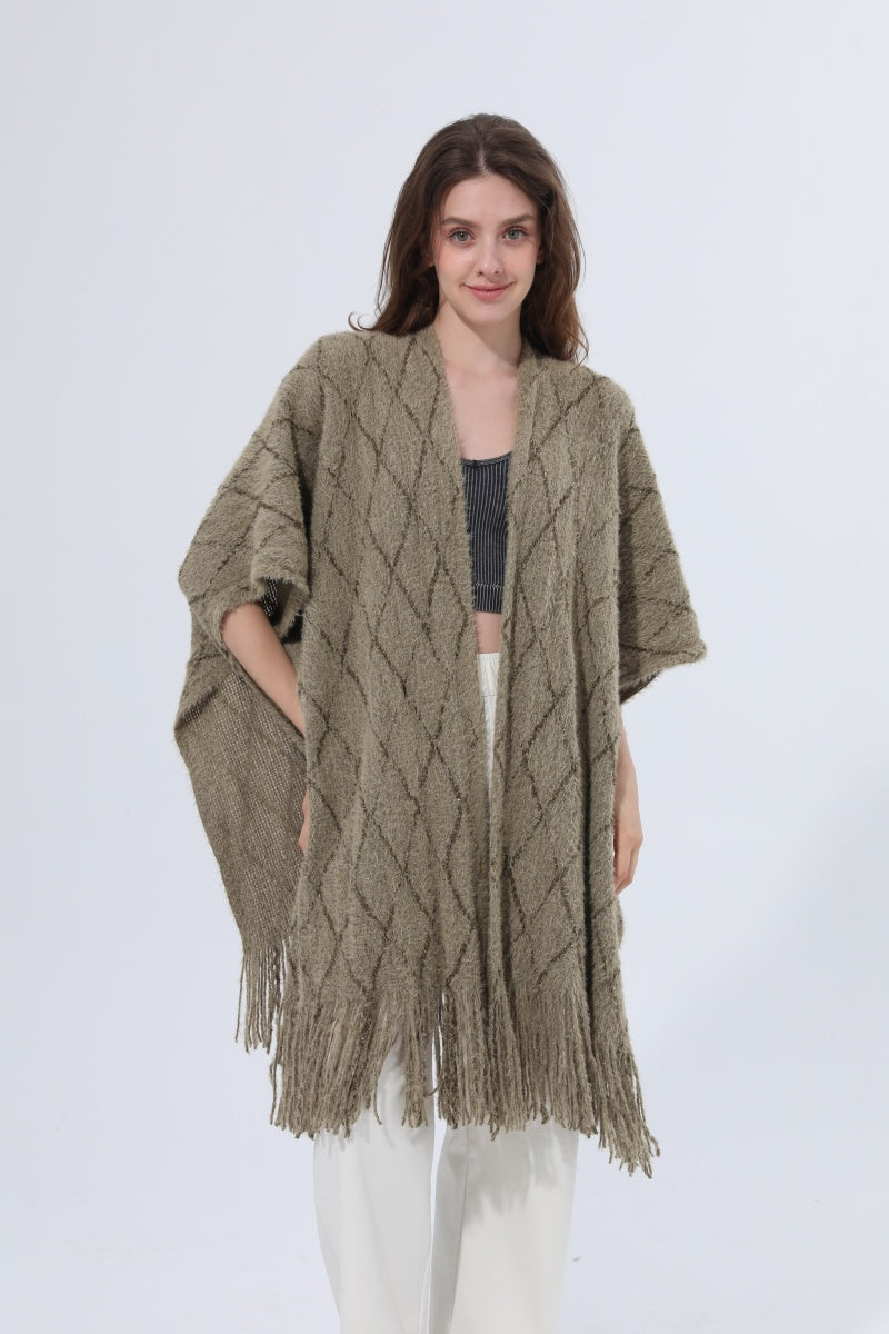 Knitted Tassel Open Front Poncho Shawl Wrap - NeoKira Unlimited