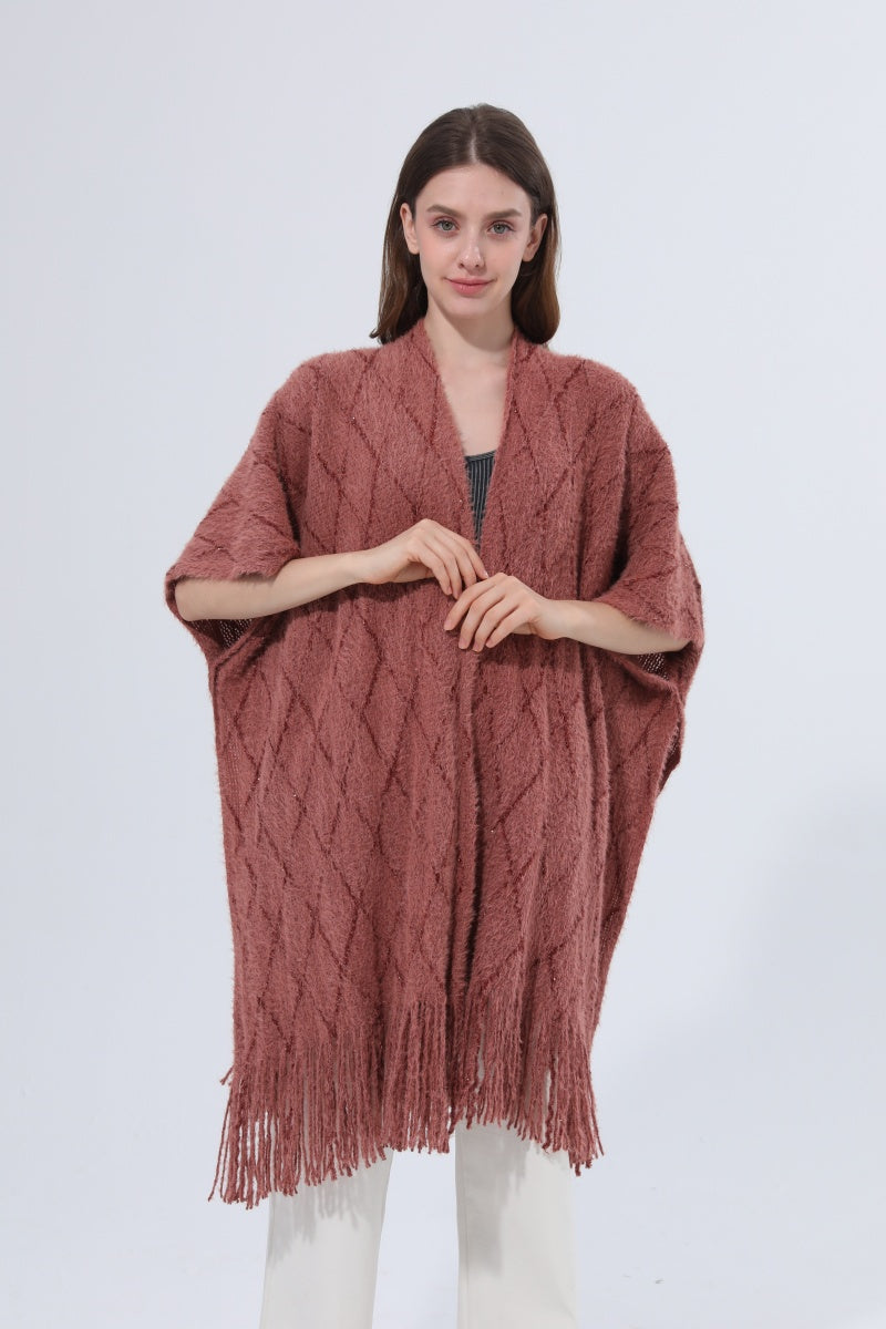 Knitted Tassel Open Front Poncho Shawl Wrap - NeoKira Unlimited
