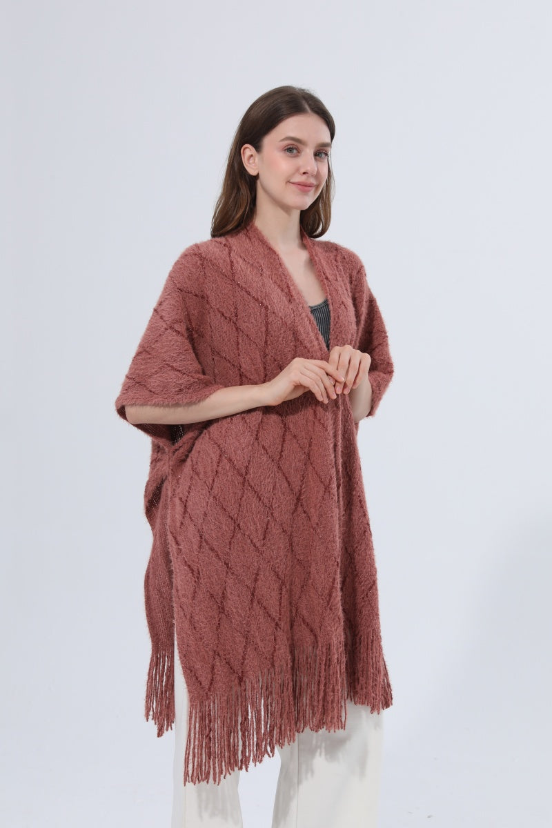 Knitted Tassel Open Front Poncho Shawl Wrap - NeoKira Unlimited